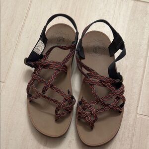 Chaco Red and Blue Sandals with Crisscross Straps and Adjustable Heel Strap